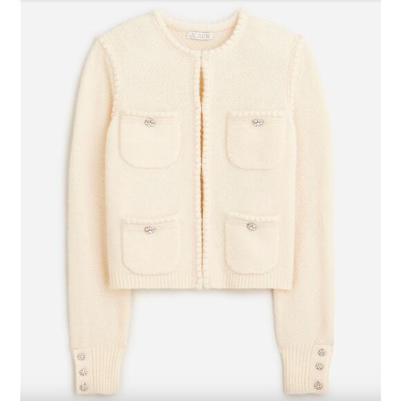 J. Crew Odette Sweater Lady Jacket Cream Alpaca Wool Jewel Buttons Size M - Picture 1 of 6